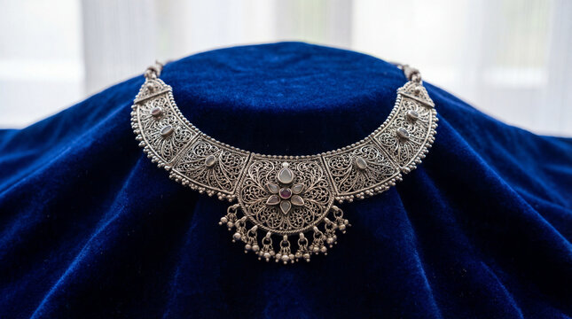 Traditional Indian jewelry necklace on blue velvet display. This vintage necklace showcases intricate silver designs with embellishments.