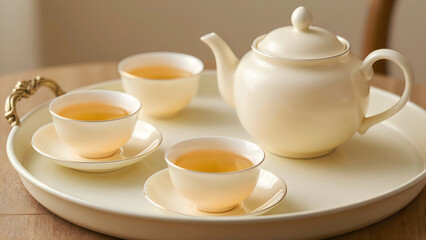 Fototapeta premium A white tea set on a wooden table