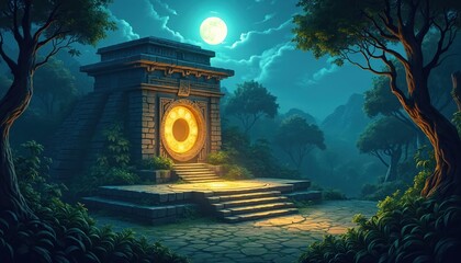 Naklejka premium Ancient stone temple ruin in jungle at night. Glowing portal on structure with stpic. Full moon illuminates mystical forest landscape with trees and mountains.