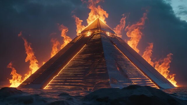 Glowing Pyramid Symbol Enveloped in Flames for a Dramatic, Mystical Atmosphere
