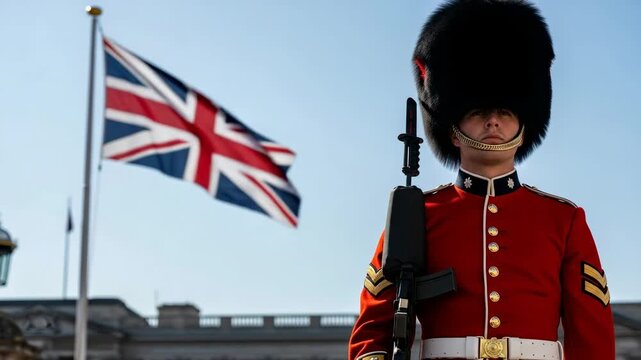 Young male soldier in traditional red uniform and bearskin hat guarding with British flag