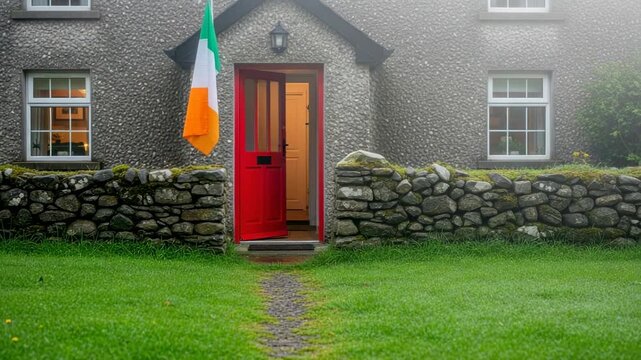 Traditional stone house in Ireland with red door and Irish flag for heritage tourism