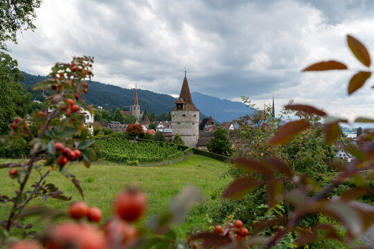 Viewpoint Guggi above the city of Zug overlooking the old town, scenic panorama of the Swiss city and surrounding landscape.
