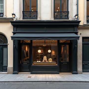 Chic European boutique storefront with large display window luxury apparel, accessories. Modern retail facade with classic architecture on city street. Elegant shop exterior for brand presentation.