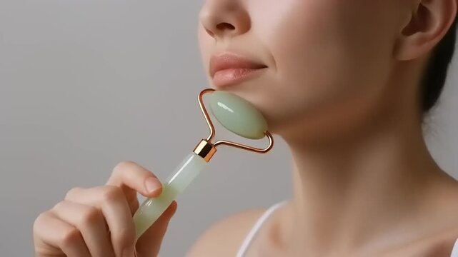 Woman using jade roller for facial massage and skincare routine.