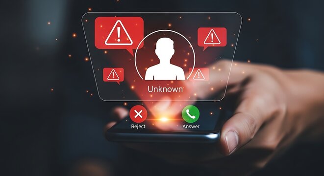 Incoming call from unknown number with security warning on smartphone screen