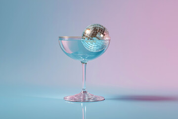 Fototapeta premium Disco ball and vintage cocktail glass on blue background for party, celebration and holiday decor. Party, nightlife concept. Nightclub lights vibes, celebration, dance