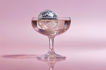 Fototapeta premium A coupe glass holding cocktail and a mirrored disco ball, suggesting festive parties, New Year and holiday celebrations. Party, nightlife concept. Nightclub lights vibes, celebration, dance