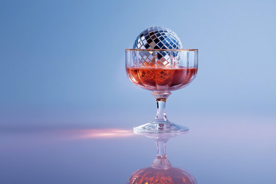 A coupe glass holding an amber cocktail and a mirrored disco ball, suggesting festive parties, New Year and holiday celebrations. Party, nightlife concept. Nightclub lights vibes, celebration, dance