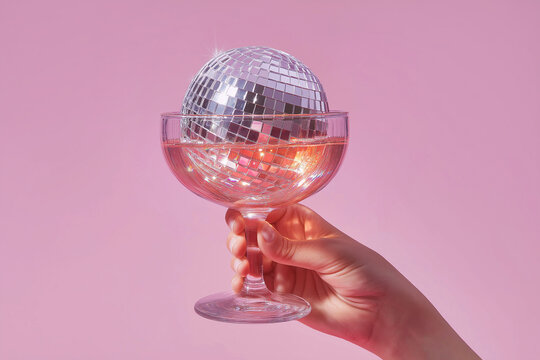 A coupe glass holding pink cocktail and a mirrored disco ball, suggesting festive parties, New Year and holiday celebrations. Party, nightlife concept. Nightclub lights vibes, celebration, dance