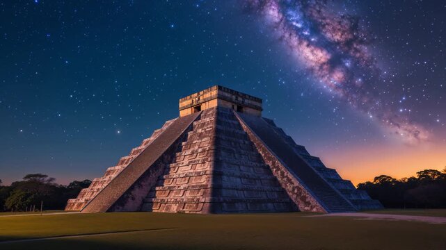Chichen Itza Pyramid Timelapse Under a Starry Night Sky in Mexico