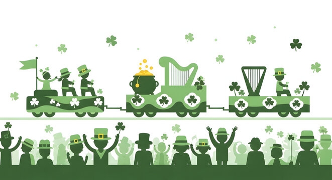 Joyful St. Patrick's Day parade illustration depicting a festive train carrying cheerful leprechauns and iconic Irish symbols amidst a celebrating crowd