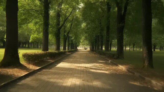 Sunlit pathway through a majestic tree-lined park in summer.
