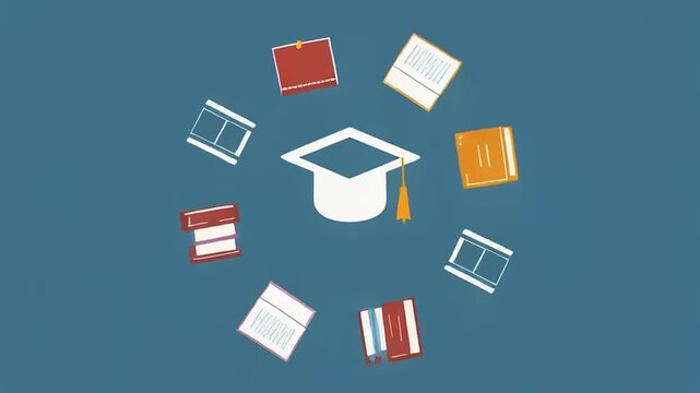 Graduation Cap Surrounded by Books Represents Education and Knowledge.