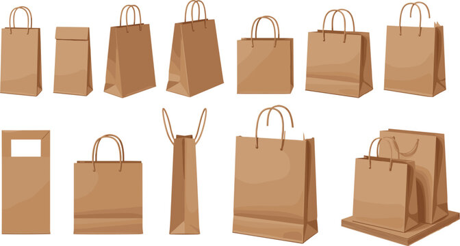 Brown paper shopping bag mockup collection with different realistic packaging views for retail branding and eco store vector illustration set.