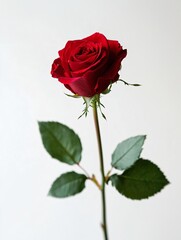 Beautiful Single Red Rose with Green Leaves on White Background