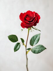 Elegant Red Rose Bloom with Fresh Green Leaves on Soft Background