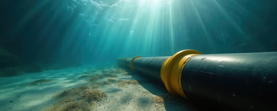 Underwater pipeline with yellow bands rests on sandy seabed. Sun rays pierce ocean water surface, illuminating pipe section. Subsea industrial transport system.