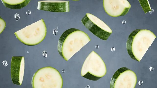 Fresh zucchini slices with water droplets in a dynamic composition, ideal for health and culinary content