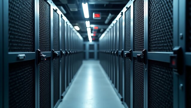 data center server room with rows of secure metal cabinets and illuminated walkway in a high-tech facility with advanced technology infrastructure and networking equipment.