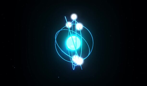Stylized 3D Animation of a Glowing Blue Atom with Electrons Orbiting the Nucleus on a Dark Background, Science and Physics Concept