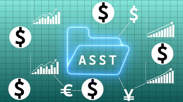 Digital financial asset management represented by a glowing neon folder labeled AST surrounded by currency symbols and upward trending bar graphs on a grid background