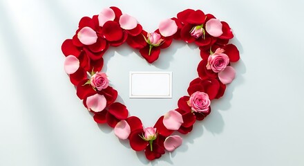 Obraz premium Valentine Day heart shaped frame with red and pink roses on white surface