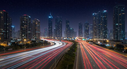 Fototapeta premium Night Cityscape Traffic Trails, Urban Highway Overpass, Skyscraper Skyline, Stars