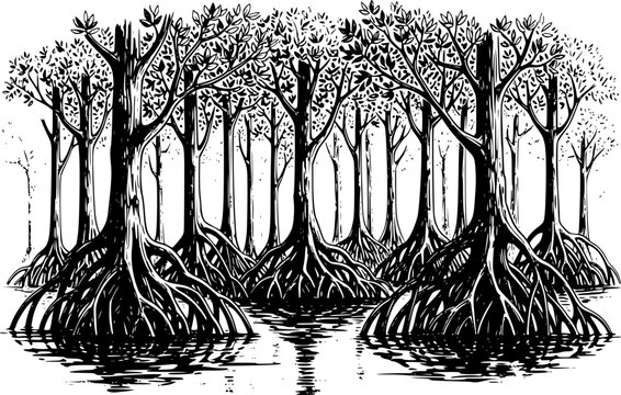 Ink illustration showcasing a serene black and white mangrove la
