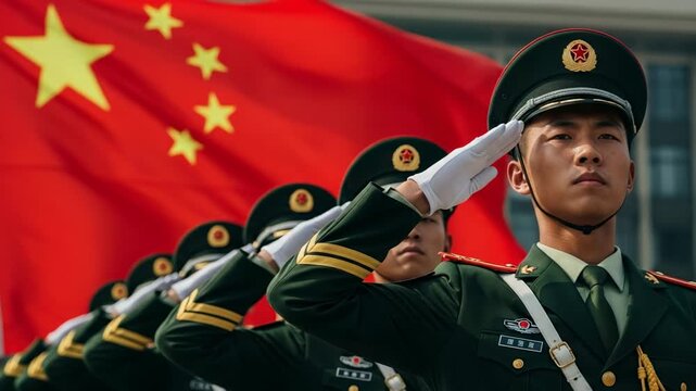 Chinese Military Honor Guard Soldiers Saluting in Front of National Flag