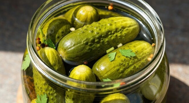 Pickled cucumbers in a glass jar
