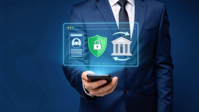 Secure digital identity verification and online banking protection concept,financial technology interface with shield icon and mobile authentication system