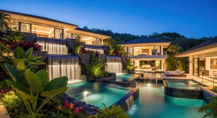 Luxury Tropical Villa with Cascading Waterfalls and Infinity Pool at Dusk