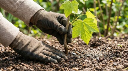 Hands firming soil around a newly planted sapling