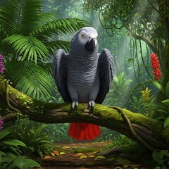 Fototapeta premium African Grey Parrot Perched on a Branch in a Lush Rainforest.