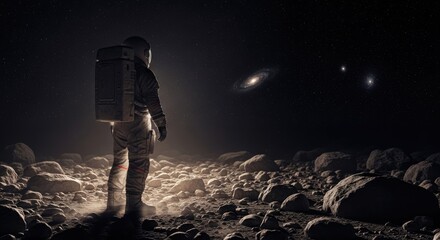 Obraz premium Astronaut on alien planet observing distant galaxies at night