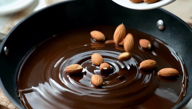 indulgent 4K super slow motion capture showing whole shelled almonds gracefully falling and plunging into pool of rich dark melted chocolate filmed with exceptional clarity using ultra high speed