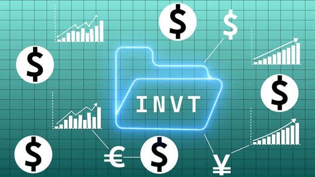 Digital investment management concept with a luminous neon folder labeled INVT surrounded by global currency symbols and rising bar charts on a teal grid