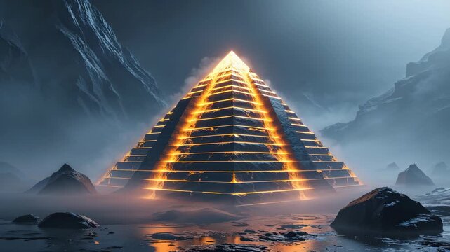 Glowing Abstract Pyramid in Fog: A 3D Rendered Mysterious Background