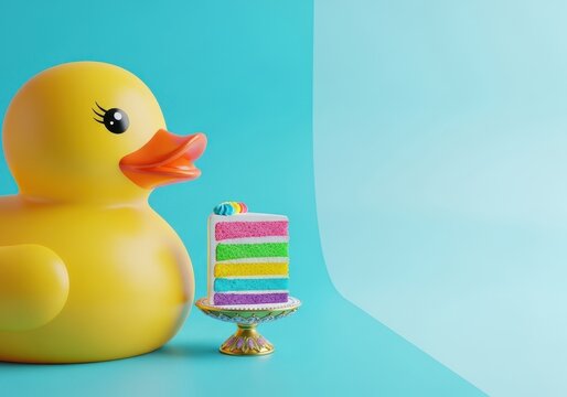 A brightly colored, oversized rubber duck balancing a single slice of confectionery on a tiny, ornate stand, creating a scene of complete absurdity, pedestal, yellow, strange