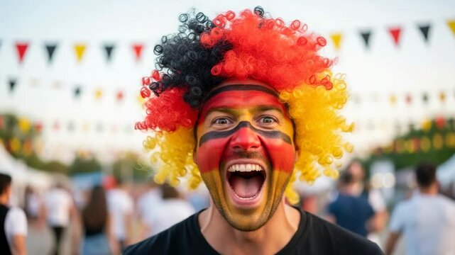 Excited young adult male German football fan with face paint and wig cheering at outdoor festival