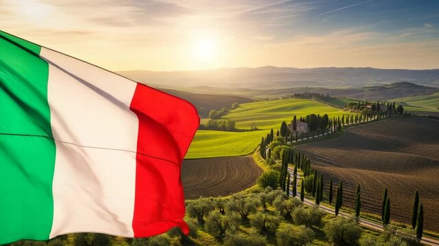 Italian Flag Waving Over Tuscany Vineyard Landscape at Sunset, Agritourism Concept
