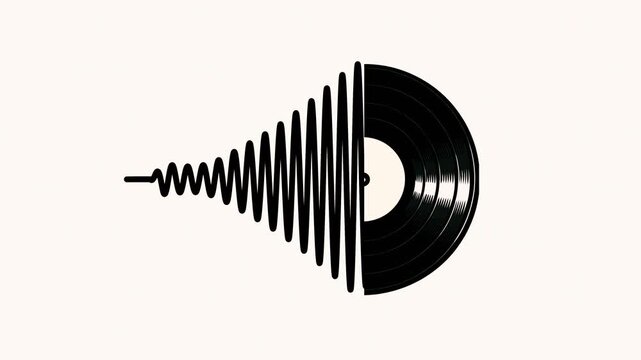 Seamless looped animation of half vinyl record spinning with black sound waves radiating outward on white background, representing music playback, audio visualization, retro analog sound technology
