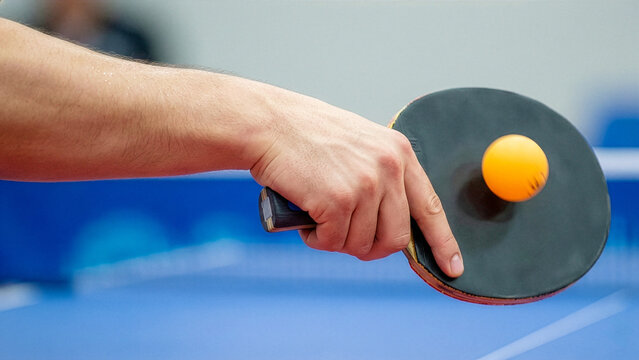A close-up shot captures a person's hand firmly gripping a table tennis racket, with a vibrant orange ball resting on its surface, set against the blurred blue background of a ping-pong table.
