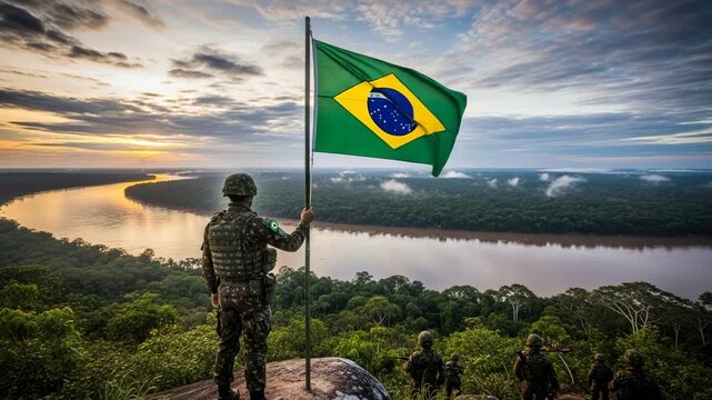 Brazilian Army Soldier Holding National Flag Over Amazon Rainforest River at Sunset