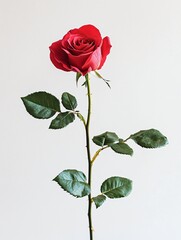 Elegant Red Rose Flower with Green Leaves on White Background