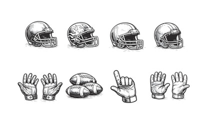 Hand-drawn black and white illustration set of American football equipment featuring multiple helmet variations and different glove hand gestures. Detailed sketch style sports elements