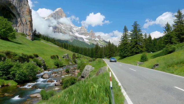 scenic 4K road trip landscape through Naturpark Tamersc in Dolomites showing winding mountain road surrounded by fresh spring greenery and alpine