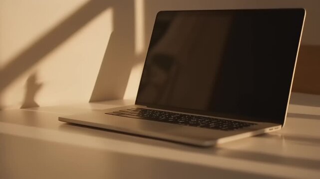 Modern Laptop on a Shelf with Warm Sunlight and Shadows.