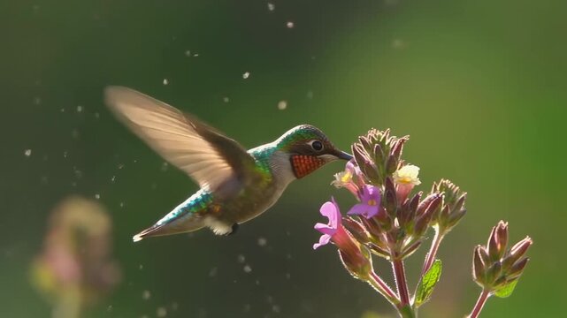 Rufous hummingbird in flight feeding on purple flowers in a summer garden with a green background,nature wildlife